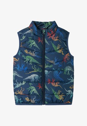 Gilet imbottito blu navy con motivo di dinosauri in rosso, verde, blu e arancione. Dotato di zip frontale e colletto alto.