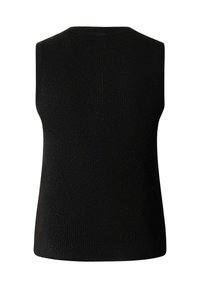 Μαύρο αμάνικο τοπ με υφή ριμπ, με στρογγυλή λαιμ�όκοψη και εφαρμοστή σιλουέτα, χωρίς πρόσθετες λεπτομέρειες ή διακοσμητικά στοιχεία.