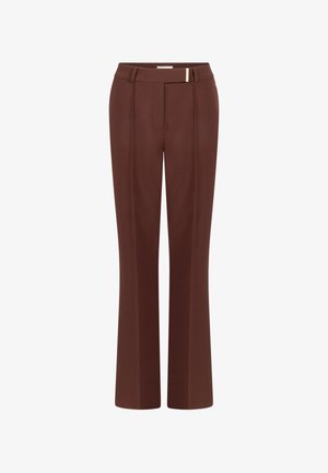 Braune, taillierte Hose mit geradem Bein, ausgestattet mit vorderen Falten und einem eleganten, minimalistischen goldenen Akzent am Bund.