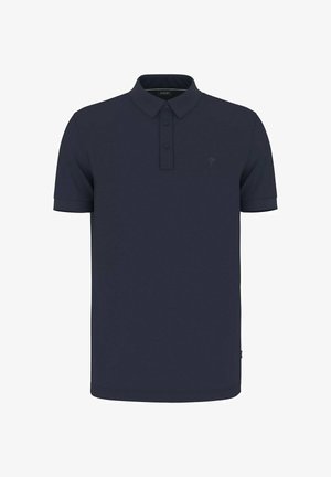Navy blue short-sleeve polo shirt with collar, three-button placket, and subtle logo on left chest.
