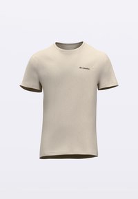 Beiges kurzärmeliges T-Shirt aus Baumwolle mit rundem Ausschnitt und kleinem Columbia-Logo auf der linken Brust. Glatte Textur.