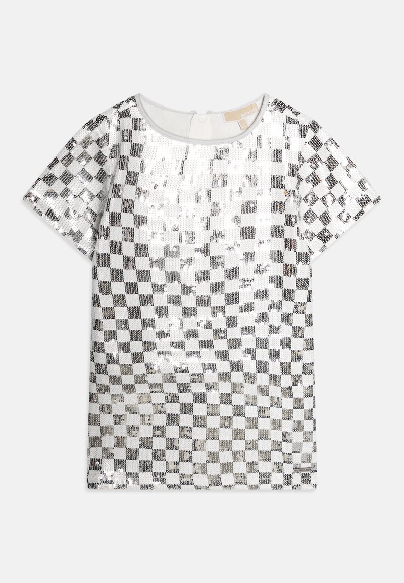 Short-sleeve top featuring a checkerboard pattern, made of sequins in silver and white. Round neckline with a subtle sheen and texture.