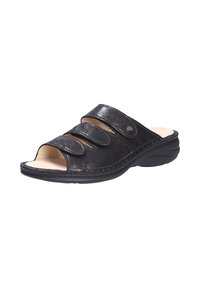 Schwarze Leder-Slide-Sandale mit drei Vorderträgern, offener Zehenpartie und gepolstertem Fußbett. Verfügt über eine leichte Gummisohle und eine leichte Fußgewölbeunterstützung.