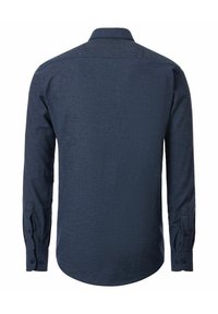 Donkerblauwe herenbloes met lange mouwen en knoopmanchetten, van achteren getoond op een witte achtergrond.