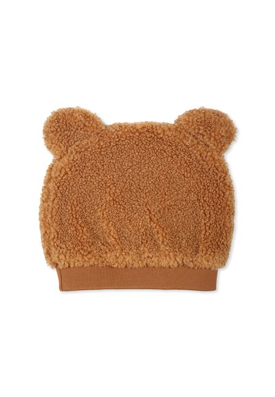 Cappello a forma di orso marrone in pelliccia di sherpa. Presenta due orecchie rotonde sulla parte superiore e una fascia a coste in maglia nella parte inferiore.