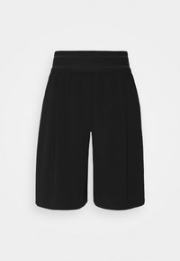 Schwarze Shorts mit einem breiten, strukturierten Bund, der Falten aufweist und locker sitzt. Hergestellt aus einem glatten Stoff mit geradem Schnitt.