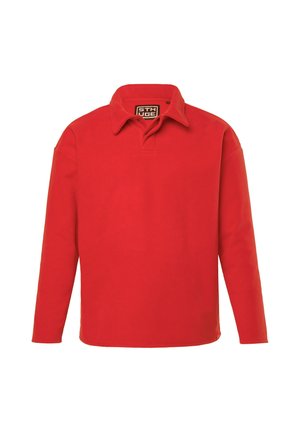 Red long-sleeve polo shirt with a collar and two-button placket. Soft texture, straight cut, and no visible patterns or accents.