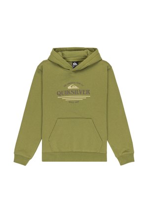 Olivgrön hoodie med snörhuva, framficka i kängurustil och Quiksilver-logga i mörklila och krämfärg tryckt på bröstet.