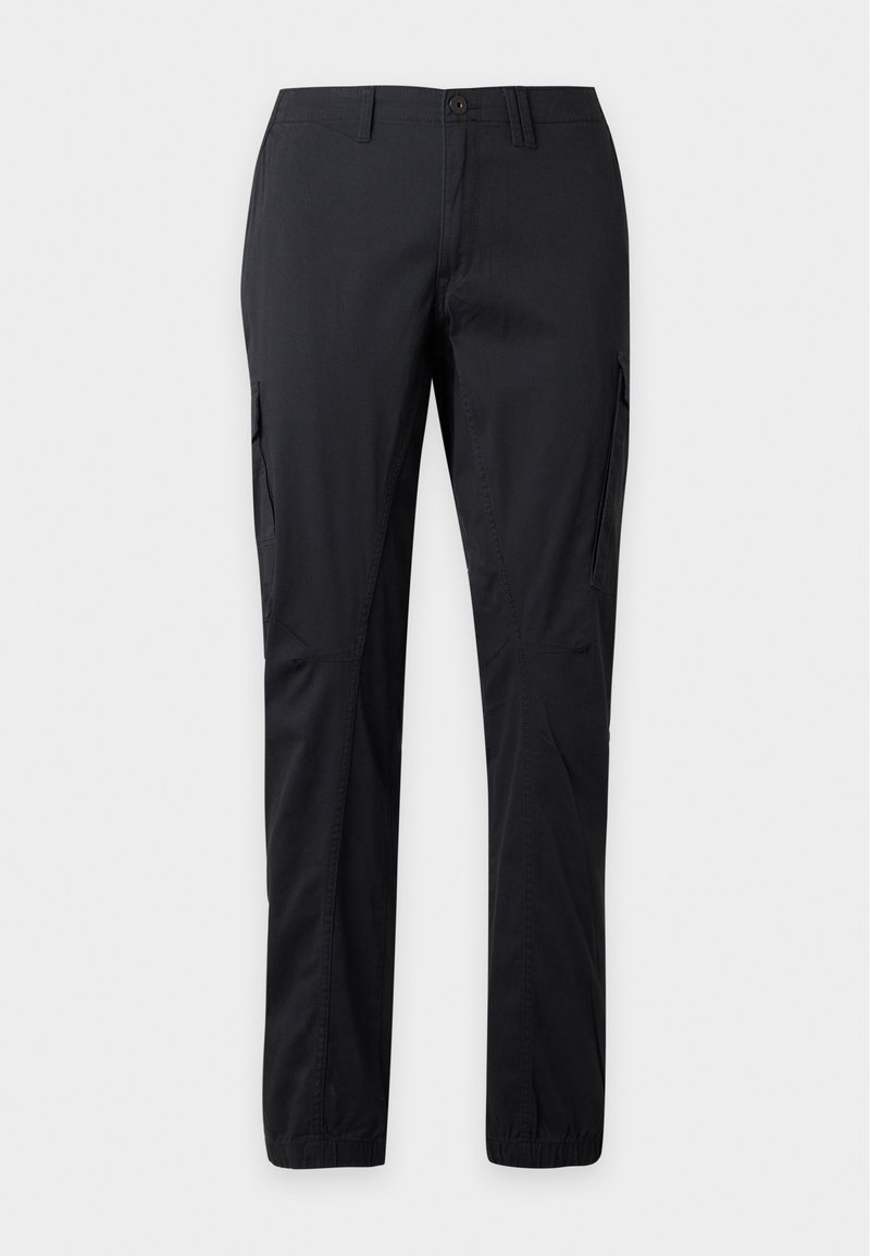 Black straight-leg cargo pants with button closure, belt loops, side flap pockets, and elastic cuffs.