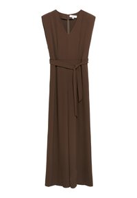 Bezrekawnikowy ciemnobrązowy kombinezon z dekoltem w serek, szerokimi nogawkami i materiałowym paskiem wiązanym w talii, z zamkiem błyskawicznym z tyłu.