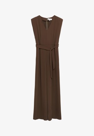 Sleeveless dark brown jumpsuit with V-neck, wide legs, and a fabric belt tied at the waist, featuring a back zipper closure.