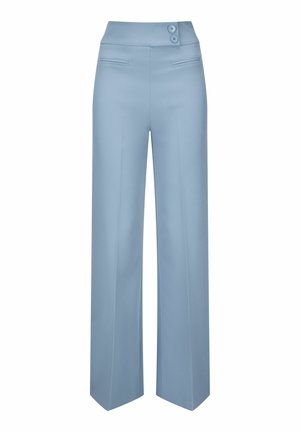 Hellblaue Hose mit weitem Bein und hoher Taille, mit vorderen Nahtdetails, zwei seitlichen Einschubtaschen und zwei Knöpfen am Bund.