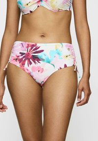 Floral-Bikiniunterteil in Pastellfarben, mit einem gerafften Design und verstellbaren Bändern an den Seiten sowie einer glatten, dehnbaren Stoffstruktur.