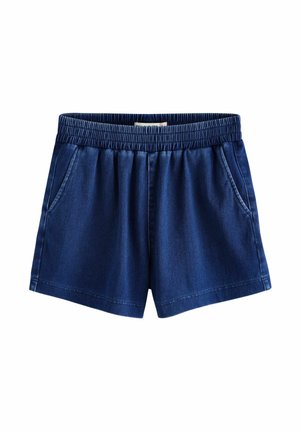Mørkeblå elastiske shorts med sidelommer og diskrete læg, lavet af let denimstof.