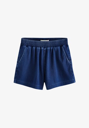 Mørkeblå elastiske shorts med sidelommer og diskrete læg, lavet af let denimstof.