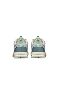 Lightweight athletic shoes with a light blue mesh upper, dark blue accents, and a cream-colored sole. Features green heel pull tabs.