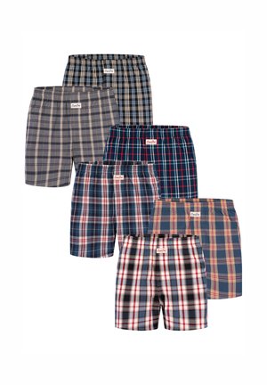 Sei paia di boxer da uomo a quadri in vari colori blu, grigio, rosso e beige disposti in due colonne verticali.