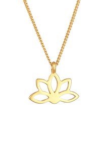 Gul lotus blomst vedhæng på en guldkæde, med udskåret design og glat tekstur samt afrundede kanter, hængende fra en snoet kæde.