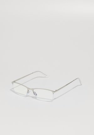 Rectangular metal glasses with a silver frame, clear lenses, and slim arms. Features adjustable nose pads for comfort.