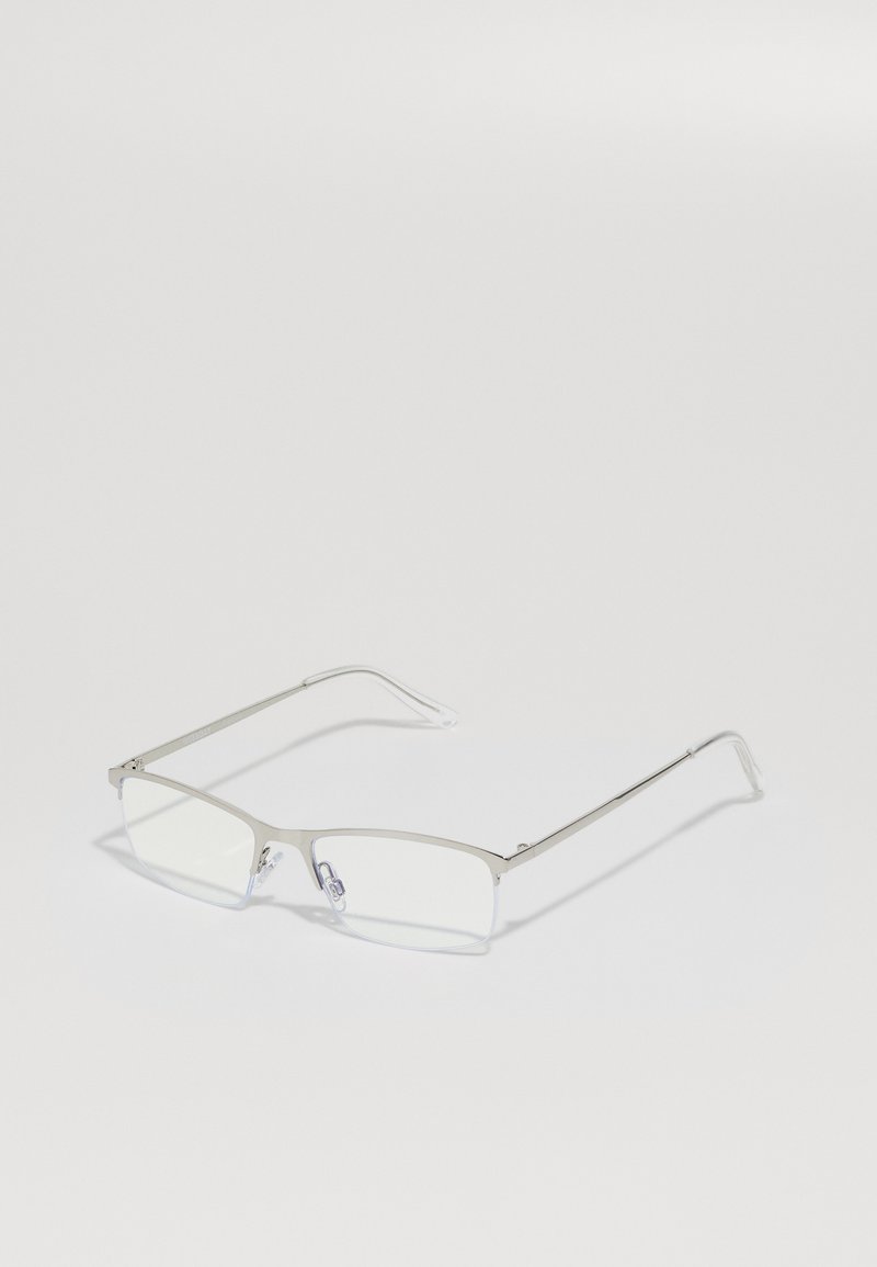 Rectangular metal glasses with a silver frame, clear lenses, and slim arms. Features adjustable nose pads for comfort.