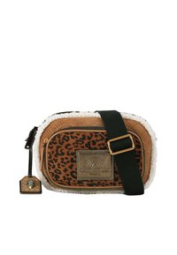 Torebka typu crossbody w leopardzie wzory o jasnobrązowej i kremowej teksturze, z zielonym paskiem i złotym akcentem metalowym do zapięcia.