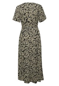 Schwarzes Kleid mit einem weißen Blattmuster, kurzen Ärmeln, tailliertem Bund und einem fließenden Rock. Glatte Stoffqualität mit knielangem Design.