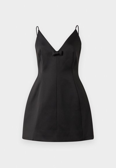 Juoda be rankovių mini suknelė su plonais įdėklais, giliu V formos iškirpimu ir mažyte dekoratyvine juostele priekyje.