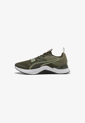 Chaussure de sport vert foncé avec des détails en mesh, semelle blanche et logo sur le côté, présentée en vue latérale gauche.