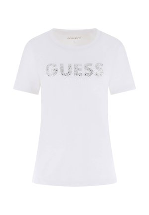 Λευκό κοντομάνικο T-shirt με στρογγυλή λαιμόκοψη και ασημί λογότυπο "GUESS" από στρας στο κέντρο του στήθους.