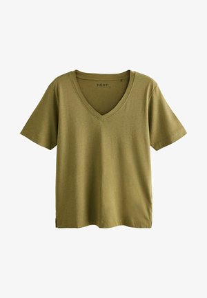 T-shirt verde oliva a V in morbido tessuto, con maniche corte e dettagli con spacchi laterali per maggiore comfort e stile.