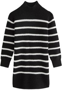 Robe pull noire en tricot à manches longues avec des rayures horizontales blanches et un col rond haut.