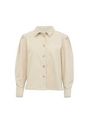 Bežena srajca z gumbi z dolgimi nabranimi rokavi, ovratnikom in zaobljenim robom. Narejena iz teksturirane tkanine z gumbnimi poudarki na sprednji strani.