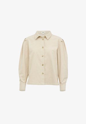 Bežena srajca z gumbi z dolgimi nabranimi rokavi, ovratnikom in zaobljenim robom. Narejena iz teksturirane tkanine z gumbnimi poudarki na sprednji strani.