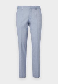 Pantaloni personalizați de culoare albastru deschis, cu o textură netedă a țesăturii, având ună față plată, două buzunare frontale și un design slim fit.