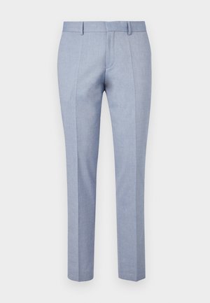 Calças ajustadas azul claro com uma textura de tecido suave, apresentando uma frente lisa, dois bolsos frontais e um design slim fit.