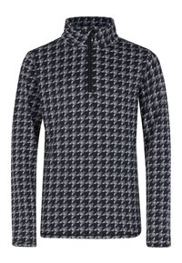 Pull-over à demi-zip dans un motif pied-de-poule noir et gris, avec un col haut, des manches longues et un tissu lisse et léger.