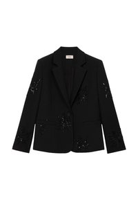 Zwarte blazer met gestructureerd ontwerp, gladde stof en fijne kralenversieringen in bloemmotief op de mouwen en het lichaam. Enkele knoopsluiting.