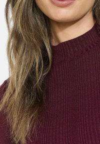 Burgundijas krāsas ribota džemperis ar augstu apkakli un teksturētu audumu. Mati ir viegli ieveidoti un krīt ap kaklu.