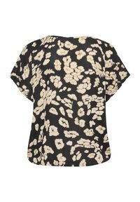 Black short-sleeve top featuring a beige leopard print, a relaxed fit, and a smooth fabric texture with a rounded neckline and curved hem.