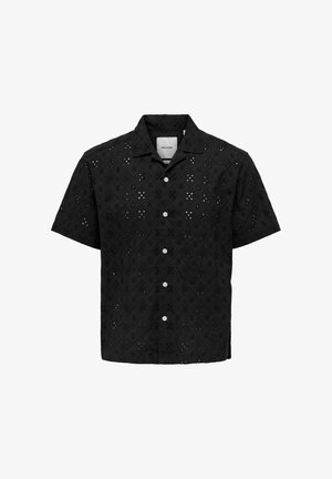 Short-sleeve black shirt featuring intricate cut-out diamond patterns, button closure, and a collared neckline. Made from lightweight fabric.