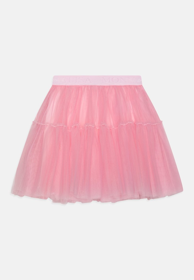 Jupe rose en tulle superposée avec taille élastique ornée de lettres en relief discrètes, présentée sur un fond blanc uni.