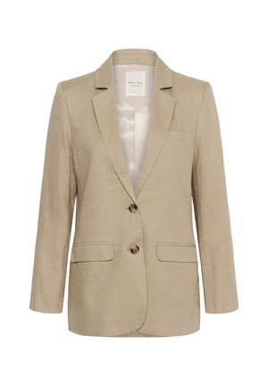 Blazer beige pour femme avec deux boutons, revers crantés, poches à rabat et une poche poitrine unique, fabriqué en tissu texturé avec une doublure intérieure lisse.