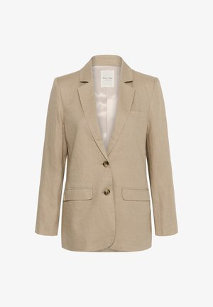 Beige damesblazer met twee knopen, notched revers, klepzakken en een enkele borstzak, gemaakt van gestructureerde stof met een gladde voering.
