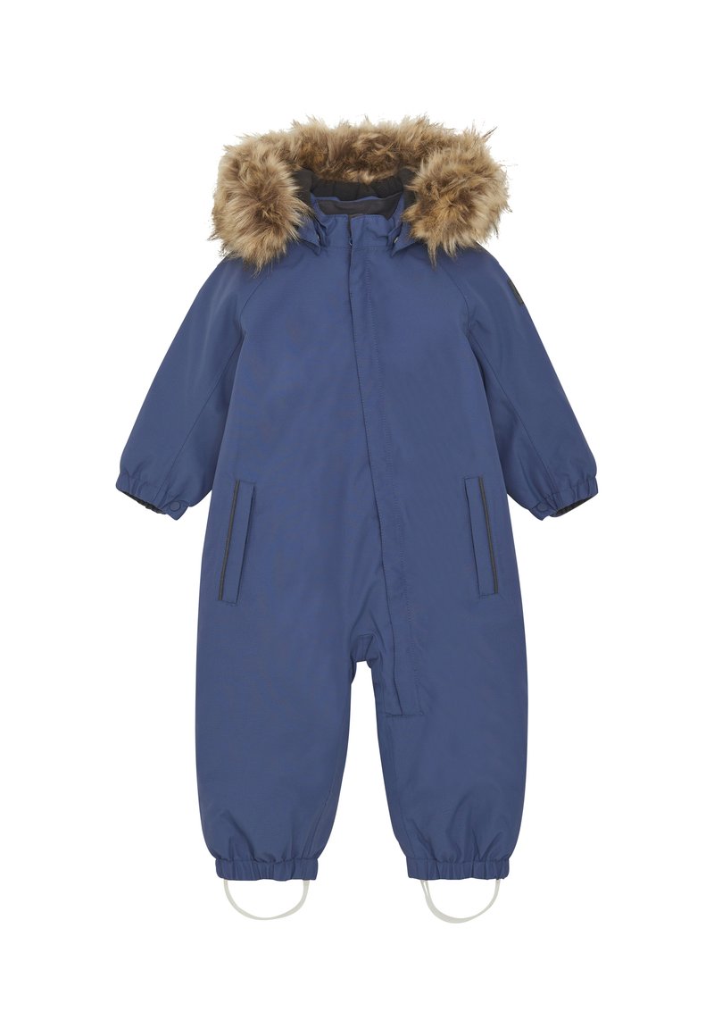 Marinblå barnoverall med fuskpäls på huven, dragkedja framtill, elastiska ärmslut, två sidofickor och stövelremmar. Slät tyg, vattentät design.