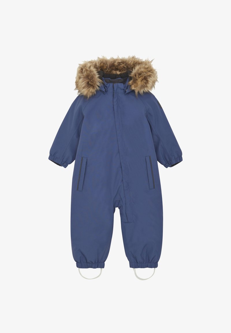 Marinblå barnoverall med fuskpäls på huven, dragkedja framtill, elastiska ärmslut, två sidofickor och stövelremmar. Slät tyg, vattentät design.