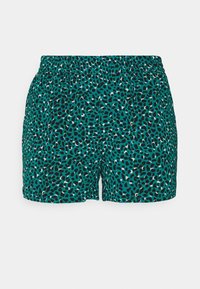 Shorts bleu sarcelle avec des taches irrégulières noires et blanches, taille élastique et coupe décontractée.