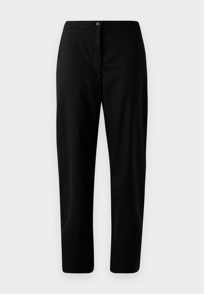Black straight-leg trousers with button and zip closure, smooth fabric, and minimal detailing against a plain light background.