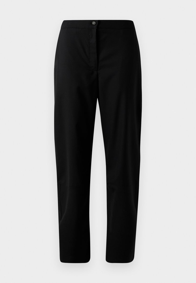 Pantalons droits noirs avec fermeture à bouton et à zip, tissu lisse et détails minimaux sur un fond clair.