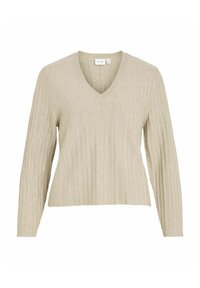 Beige gestrickter Pullover mit V-Ausschnitt, der vertikale Rippungen, lange Ärmel und eine lockere Passform aufweist. Weicher Stoff mit dezenten Details.