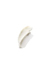Vit kräm eller lotion med en jämn, tjock konsistens, som har en lätt glans och en avlång, böjd form mot en vit bakgrund.